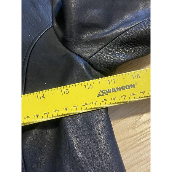 Massimo Dutti Leather Asymmetrical Zip Moto Biker Jacket Navy Women's Size M - Picture 7 of 12
